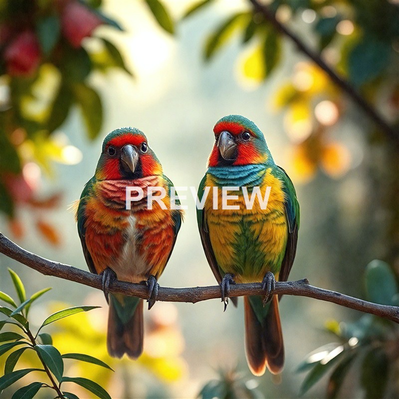 Two vibrantly colored parrots with red, green, yellow, and blue feathers are perched on a branch amidst a blurred background of foliage.